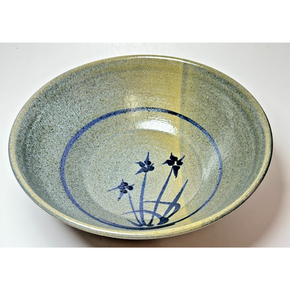 Studio Art Pottery Bowl Signed Ferris 83 Cobalt Blue Iris Flowers Salt Glaze 10" - Picture 1 of 5